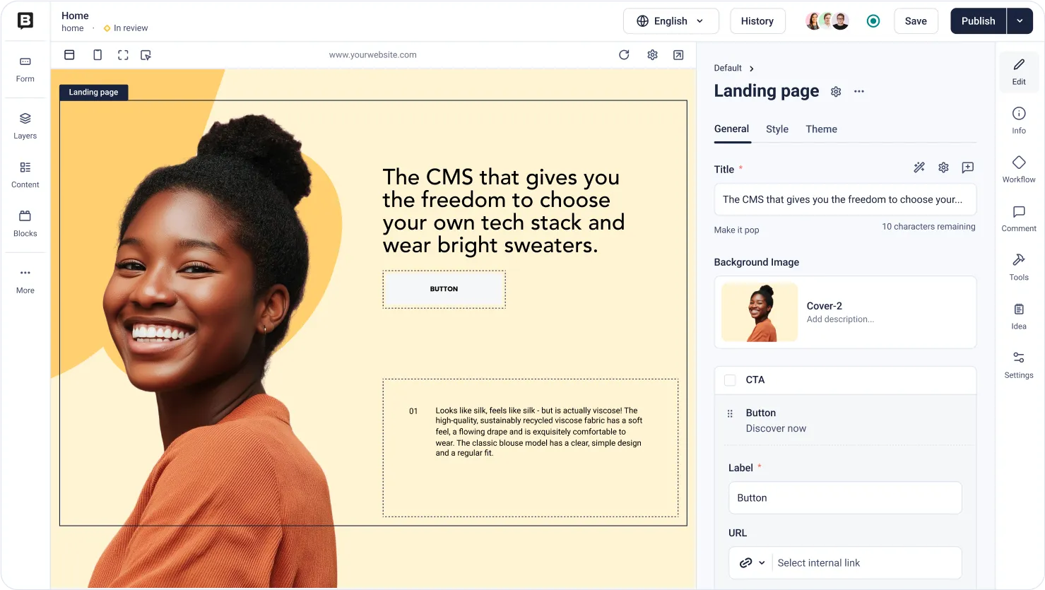 Lächelnde Person mit Afrofrisur auf einer Website-Designoberfläche; Text: „Das CMS, das Ihnen die Freiheit gibt, Ihren eigenen Technologie-Stack zu wählen.“