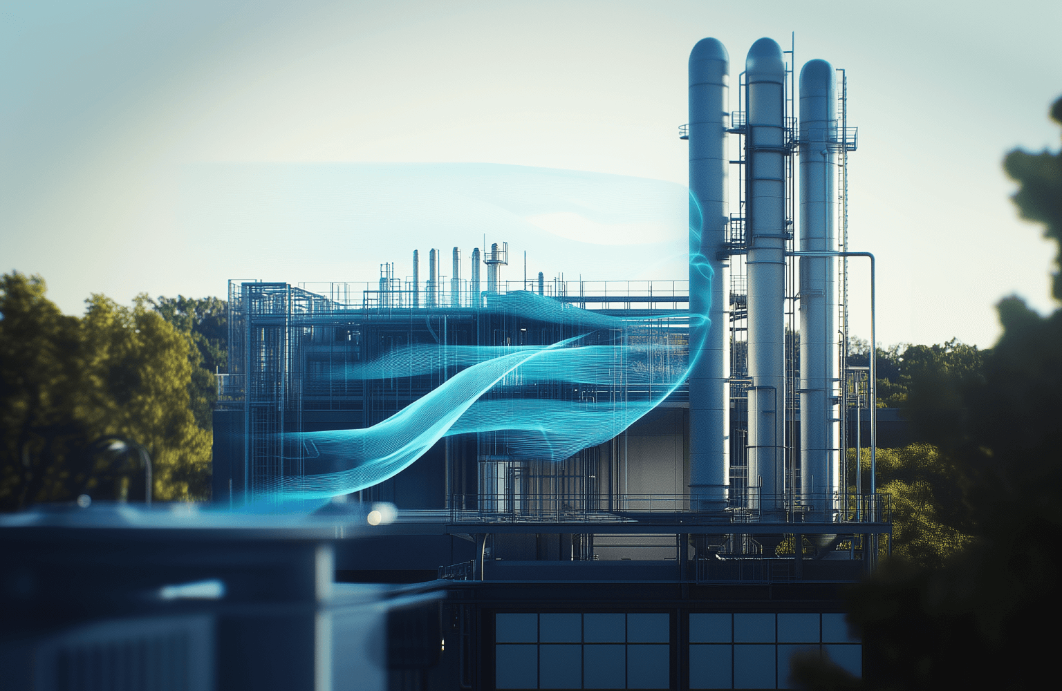 Industrieanlage mit silbernen Silos und Rohren, überlagert von einem leuchtend blauen, geschwungenen digitalen Datenfluss.