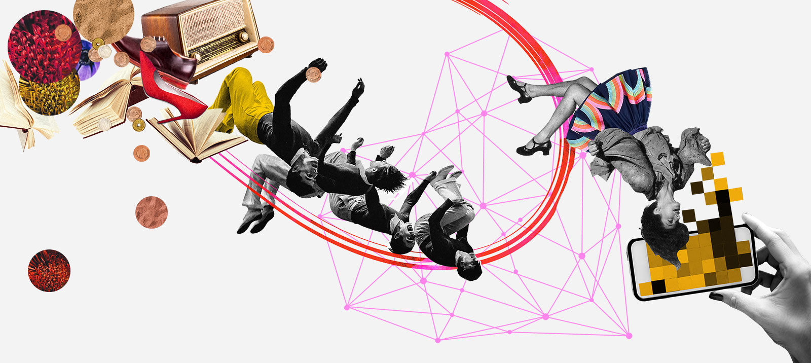 Artistic collage featuring falling people, retro objects, and network structures on a light background.