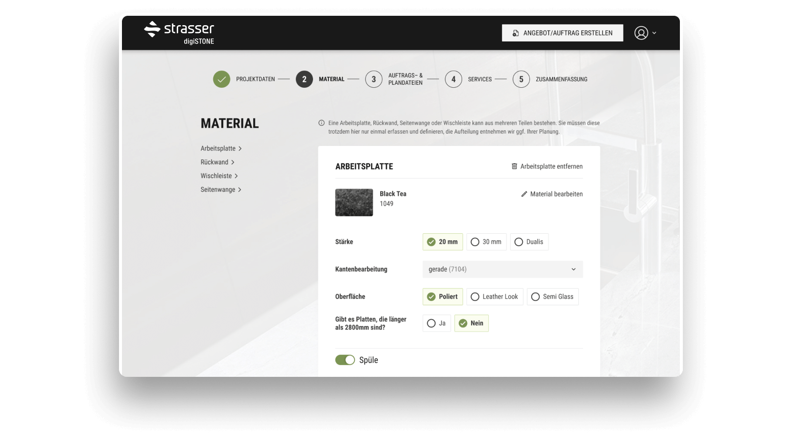 Benutzeroberfläche der Strasser digiSTONE-Software mit Materialauswahl für Küchenarbeitsplatten im Schritt 2 des Konfigurators.