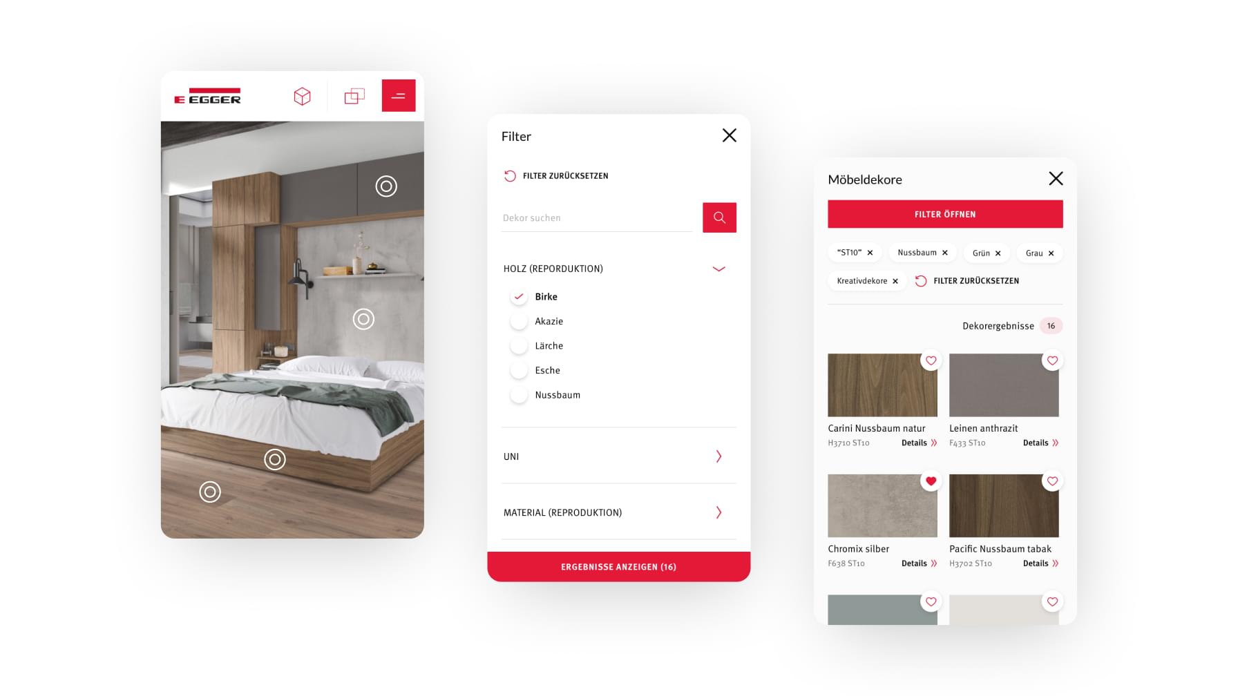 Mobile Ansichten des EGGER Design Studios mit Raumvisualisierung, Filteroptionen und Auswahl an Möbeldekoren.