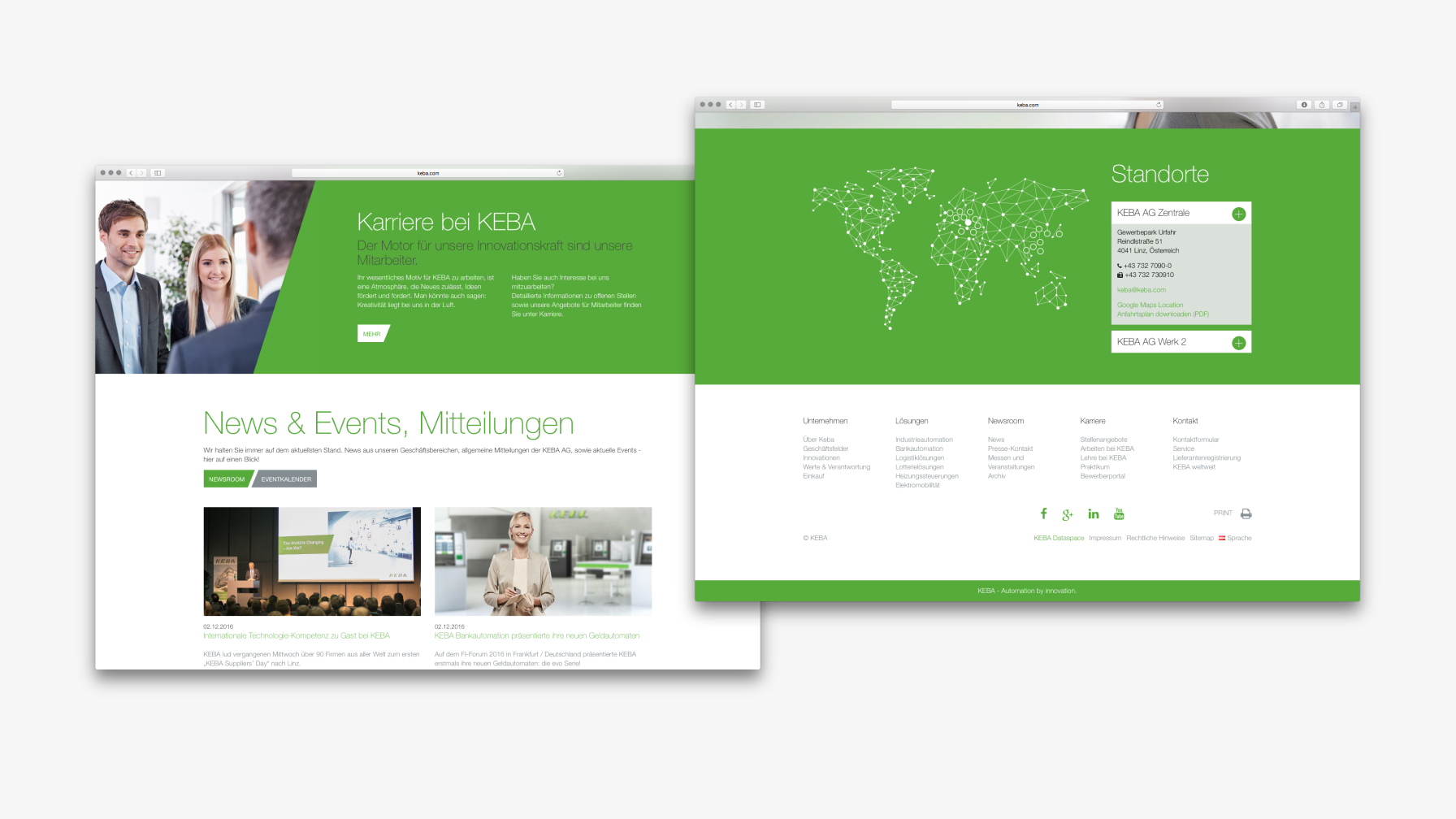 KEBA Webseite mit Karriereinformationen, Standorten und aktuellen Unternehmensnachrichten
