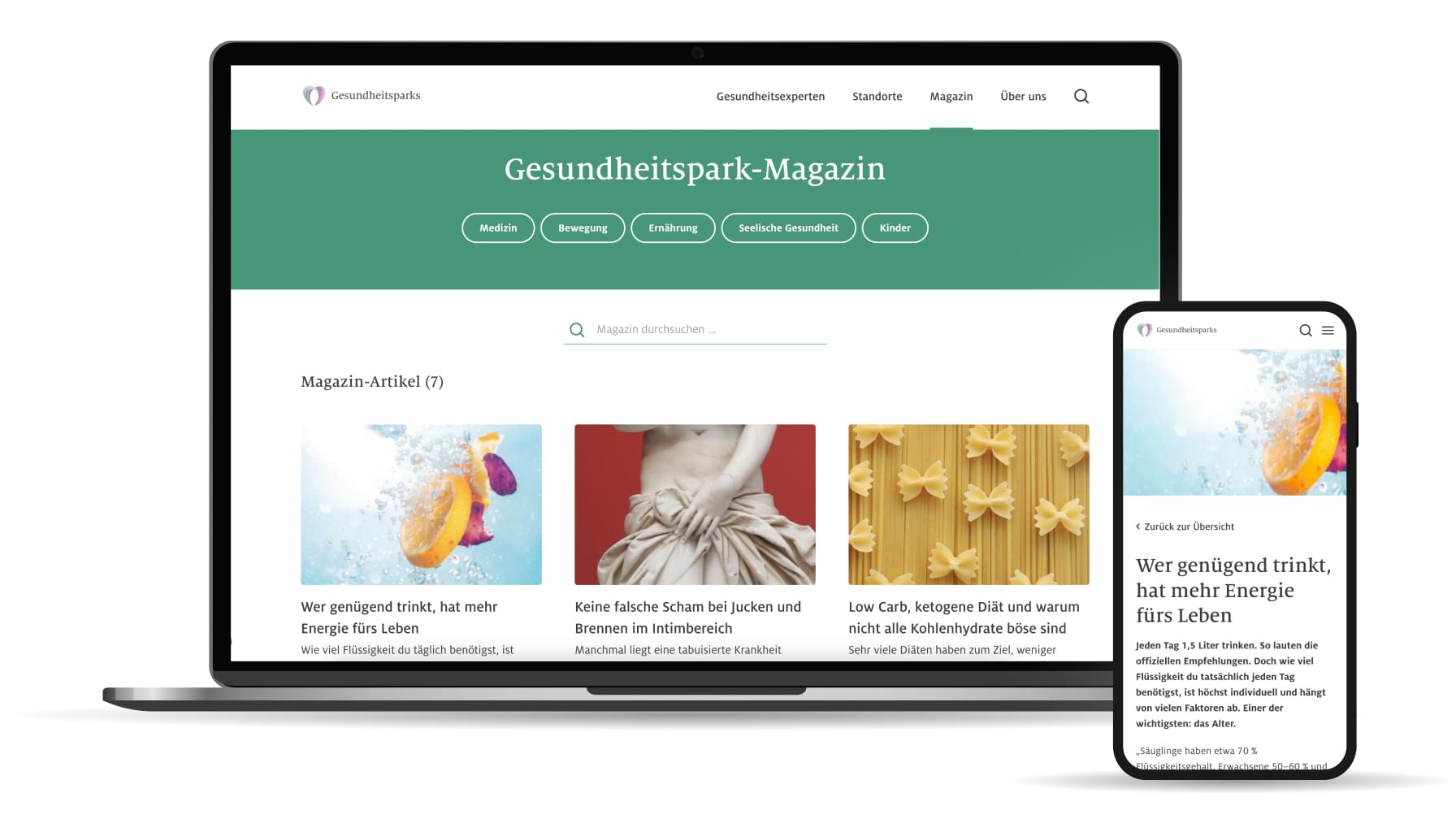 Laptop- und Smartphone-Mockups der Gesundheitspark-Magazin Seite und Artikeldetailseite.