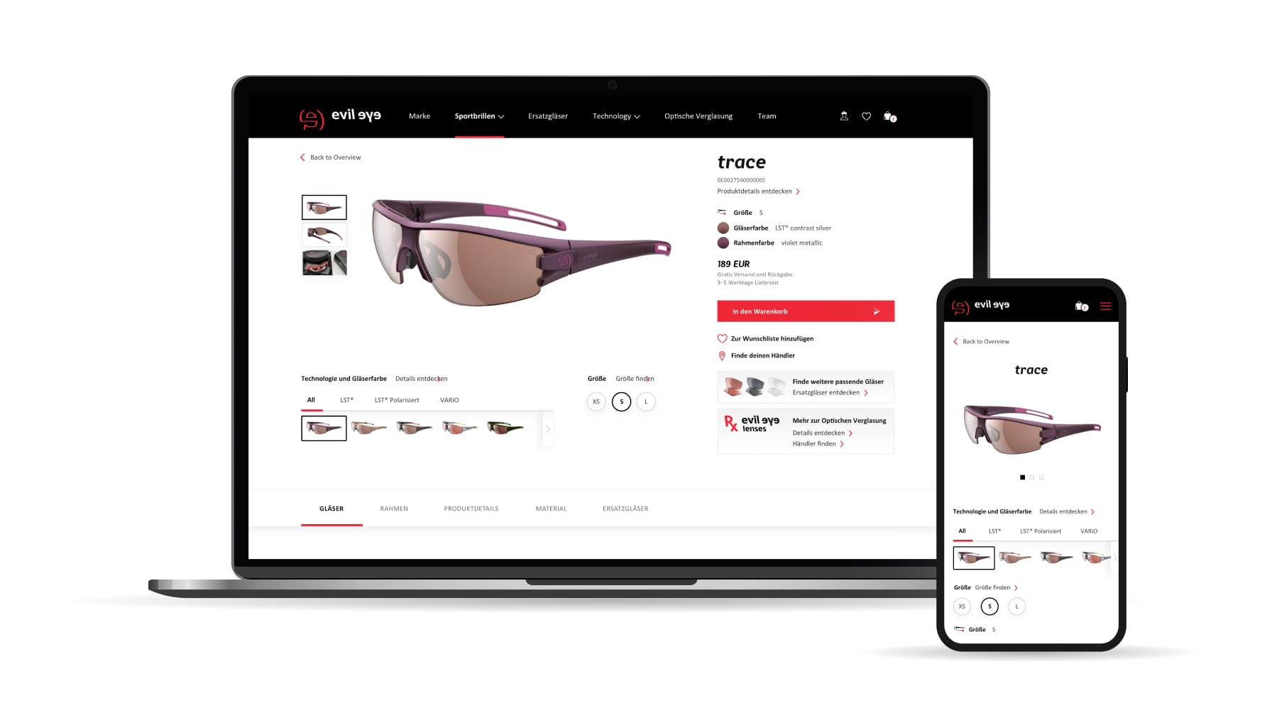 Produktdetailseite des evil Eye Webshops, dargestellt in Desktop und Smartphone Mockup.