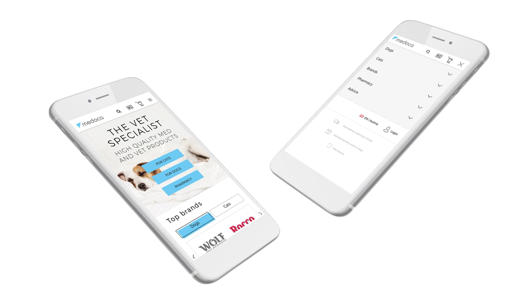 Zwei iPhones zeigen die mobile Ansicht des Medoca-Webshops und das Navigationsmenü auf weißem Hintergrund.