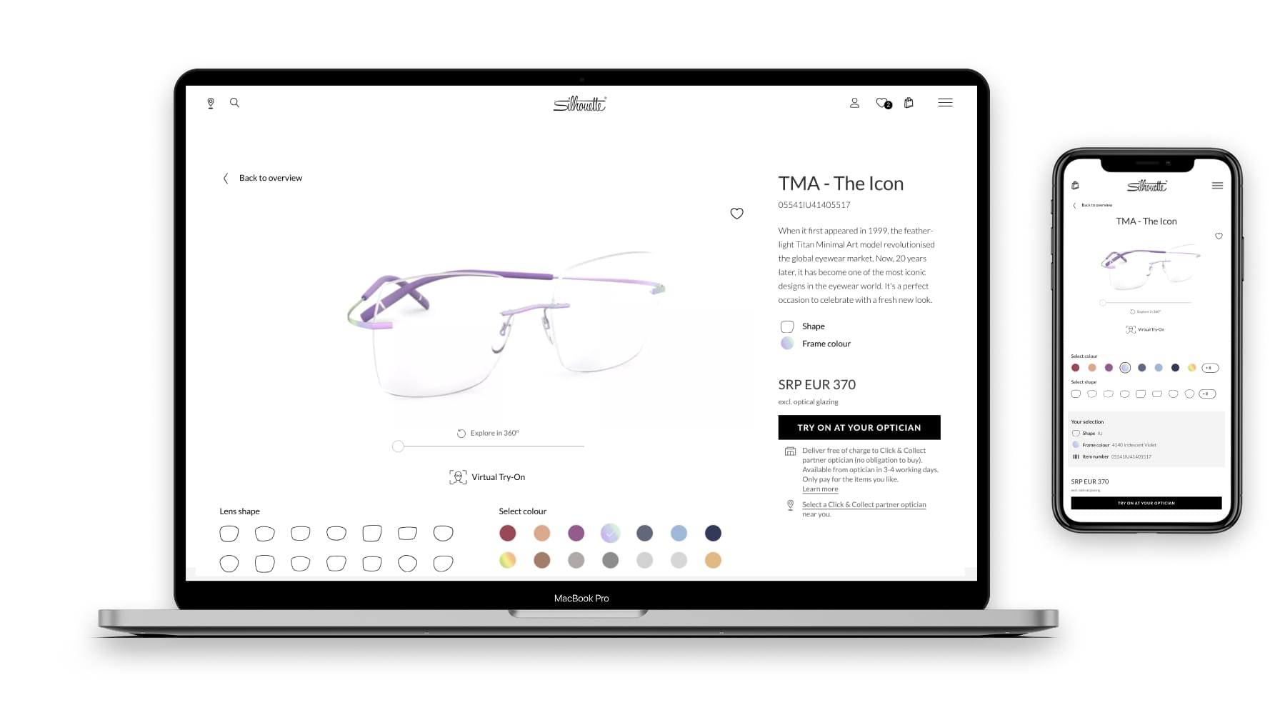 Online-Brillenkonfigurator von Silhouette auf Laptop und Smartphone mit Auswahl von Farbe und Glasform des Modells „TMA - The Icon“.