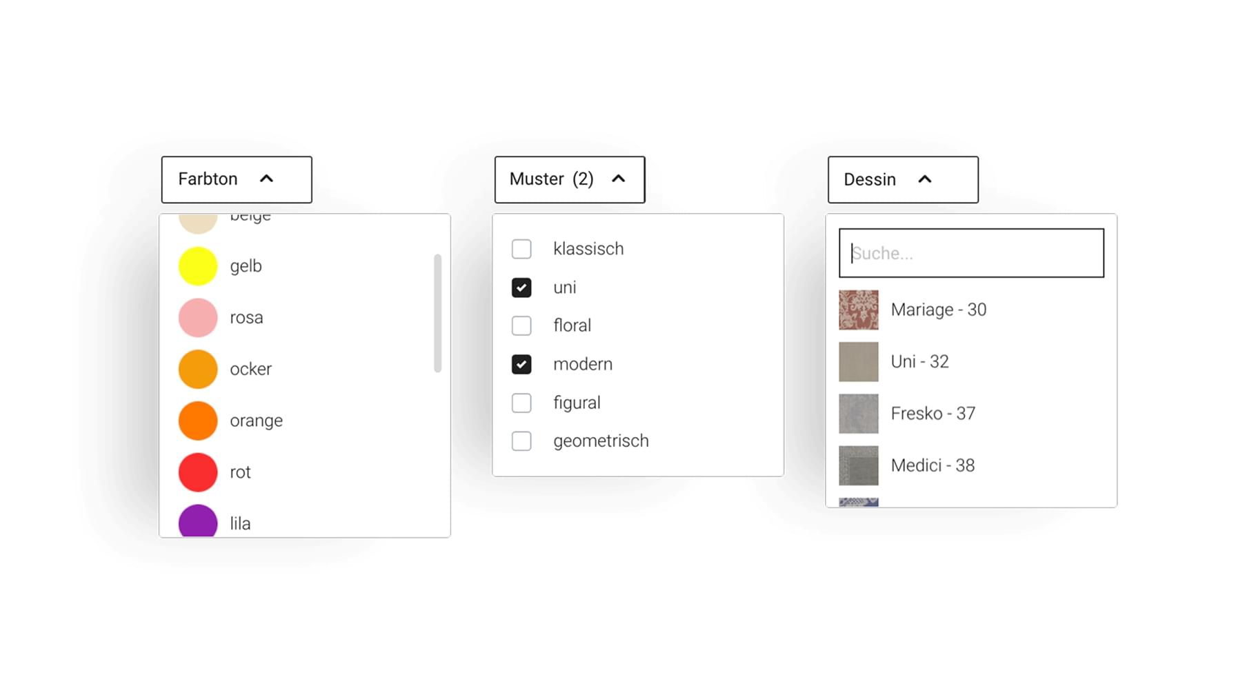 Darstellung der geöffneten Filter-Dropdowns "Farbton", "Muster" und "Dessin".