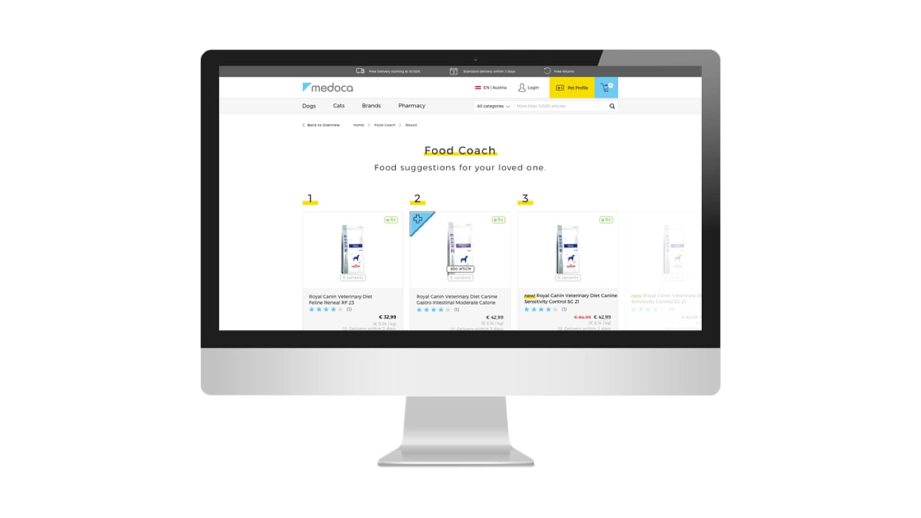 Ein Desktop-Monitor zeigt das „Food Coach“-Feature des Medoca-Onlineshops mit Produktempfehlungen für Tierfutter.