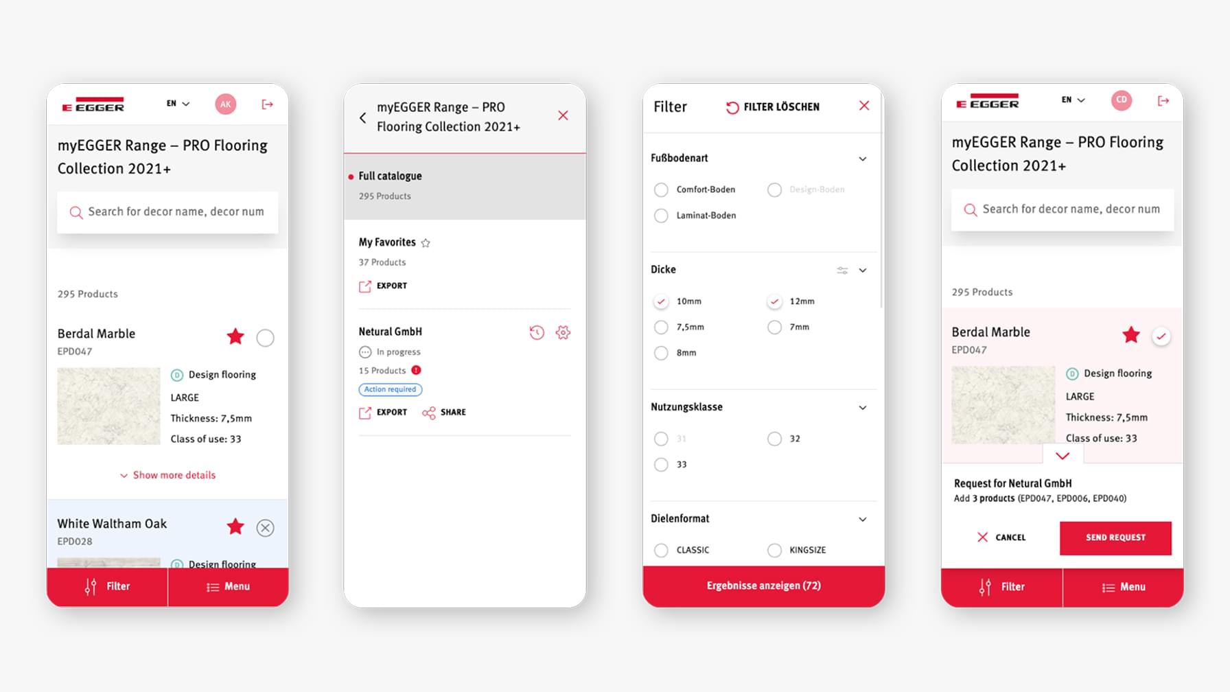 Mobile Ansichten der EGGER Flooring Collection mit Filter-, Produkt- und Anfragestatus für Bodendekore.
