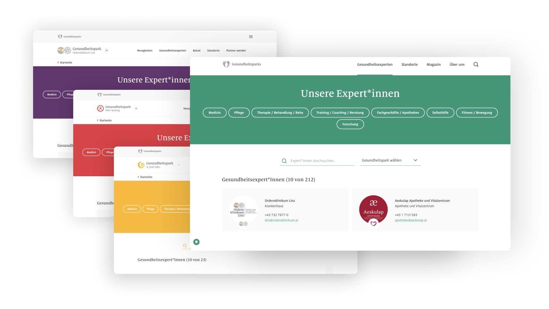 Die Gesundheitspark Expertensuche in vier verschiedenen Farbvarianten.