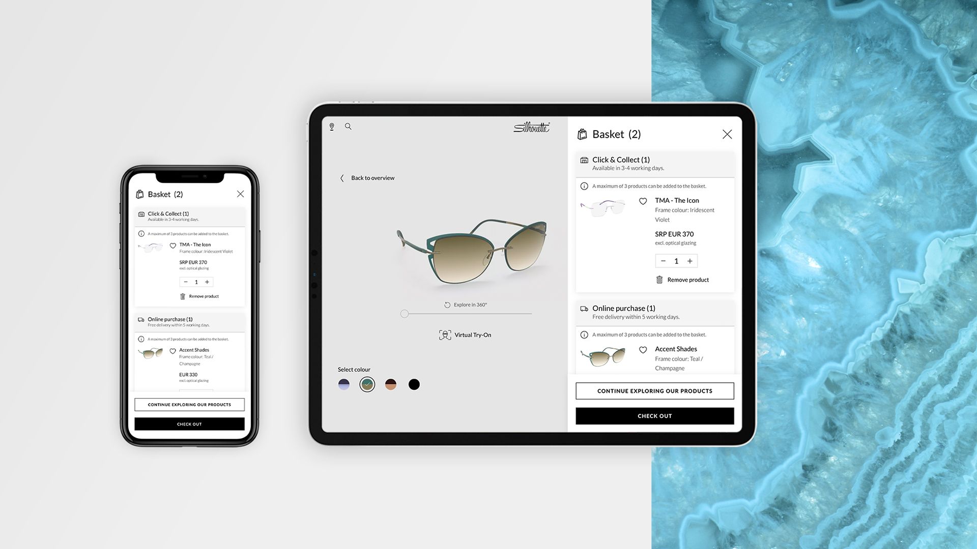 Smartphone und Tablet Ansichten von dem geöffneten Minicart des Silhouette Onlineshops.