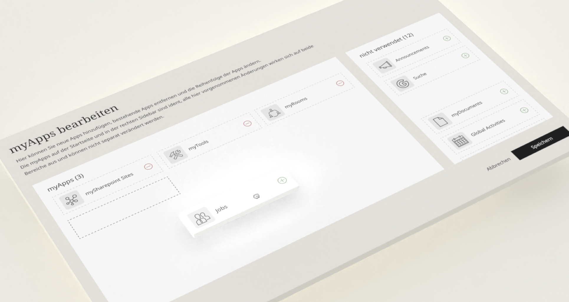 Bearbeitungsansicht der myApps-Funktion im SIA Intranet zum Hinzufügen und Anordnen von Anwendungen.