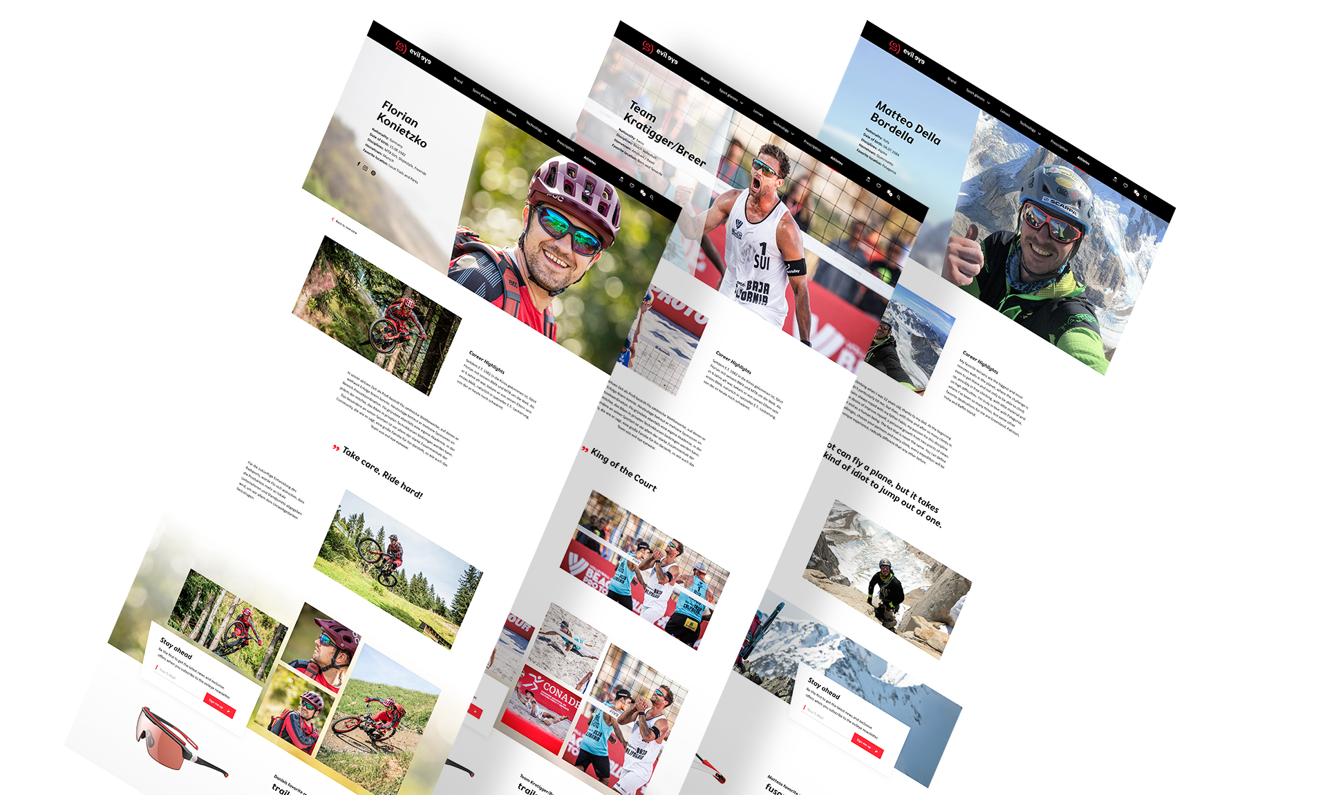 Drei beispielhafte Athleten-Detailseiten, schräg ausgerichtet auf weißem Hintergrund.