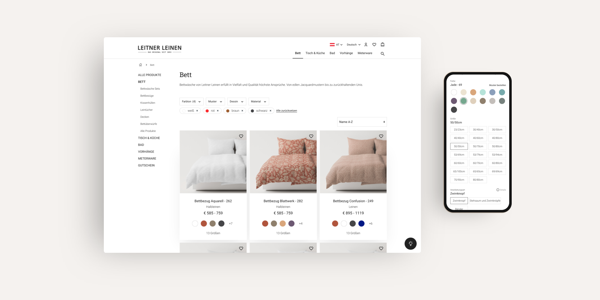 Links die Produktübersicht des Webshops, rechts ein Abschnitt der Produktdetailseite mit Auswahloptionen zur Größe.