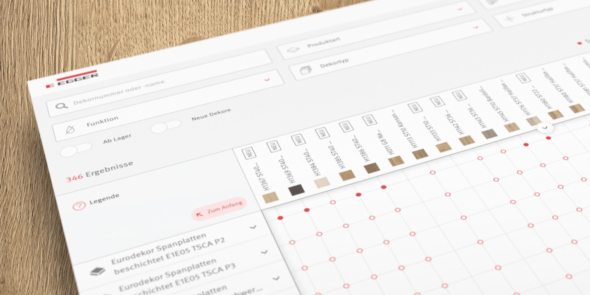 Digitale Filter- und Farbauswahl-Oberfläche mit Ergebnisliste und Farbmuster-Vergleich im EGGER Dekorkatalog.