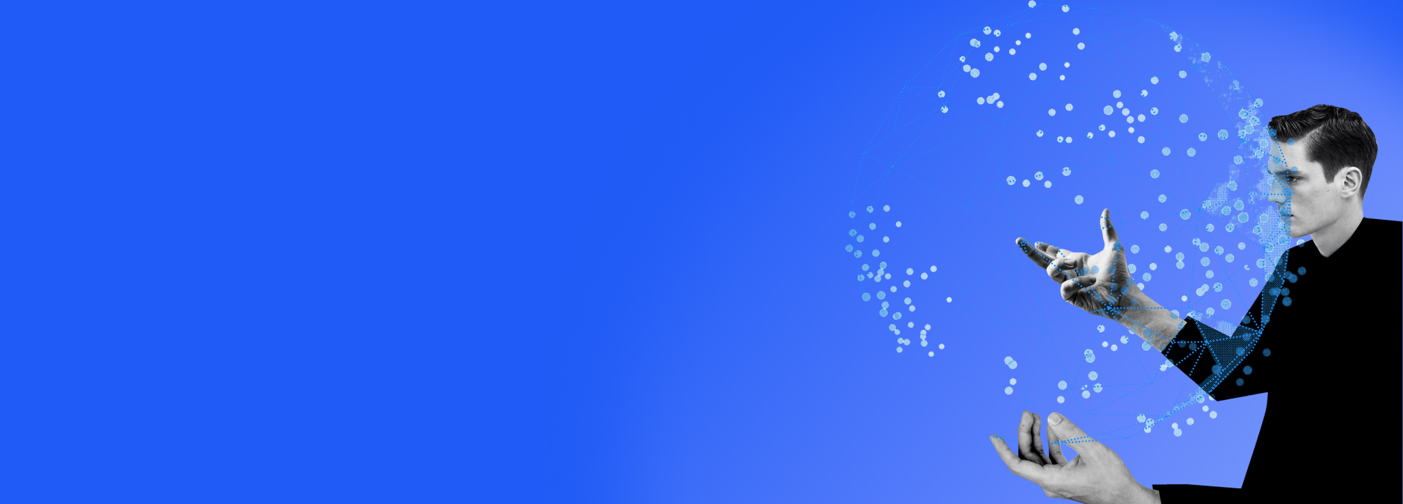 Ein Mann berührt eine kugelförmige Wolke aus leuchtend blauen Punkten.