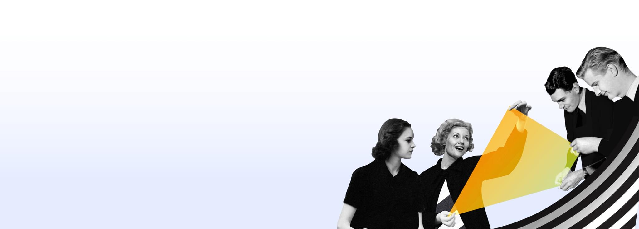 Eine Gruppe von vier Personen betrachtet eine leuchtende, gelbe dreieckige Form, die in der Luft schwebt.