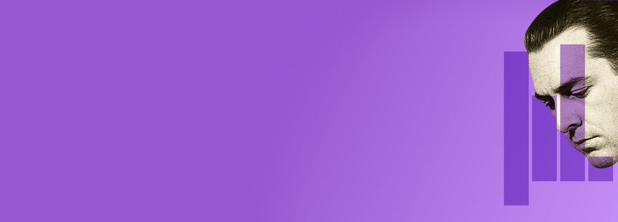Ein Mann vor violettem Hintergrund, überlagert von einem abstrakten Balkendiagramm.