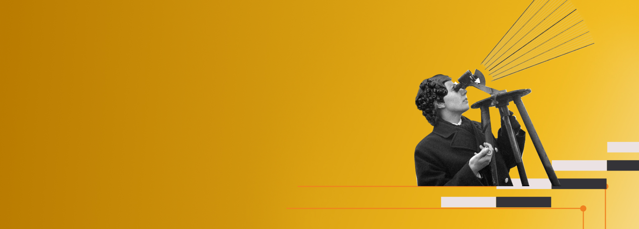 Eine Person schaut durch ein großes Fernglas, das auf einem Stativ steht, auf einem gelben Hintergrund.
