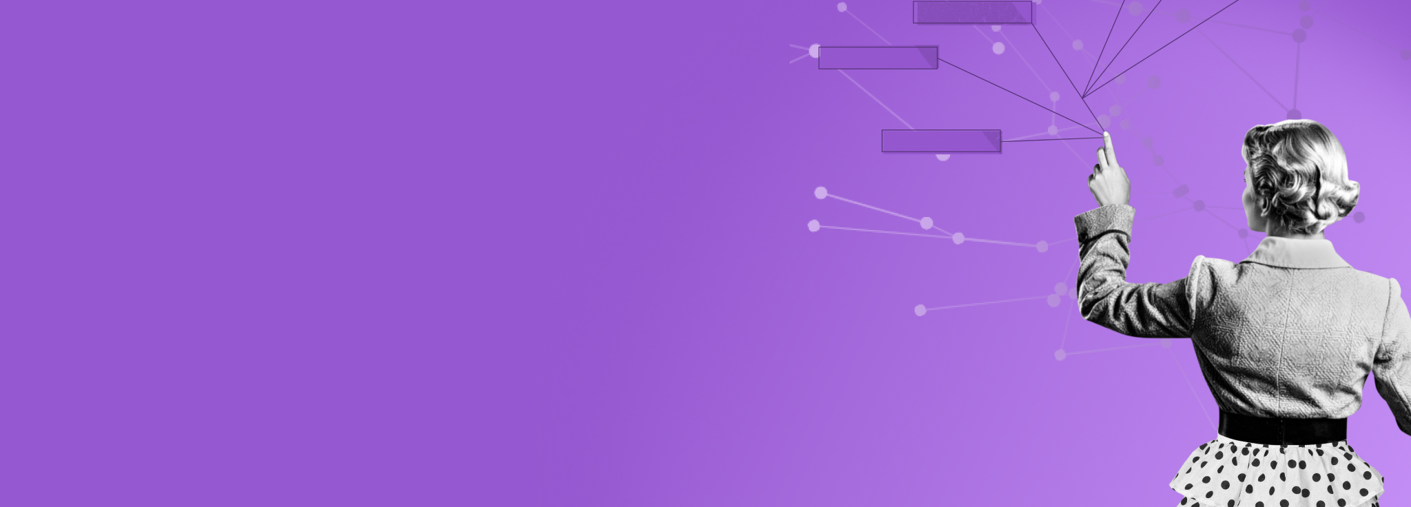 Eine Frau streckt sich nach einem leuchtenden Quadrat mit einem KI-Symbol aus, verbunden mit einem Prozessdiagramm auf violettem Grund.