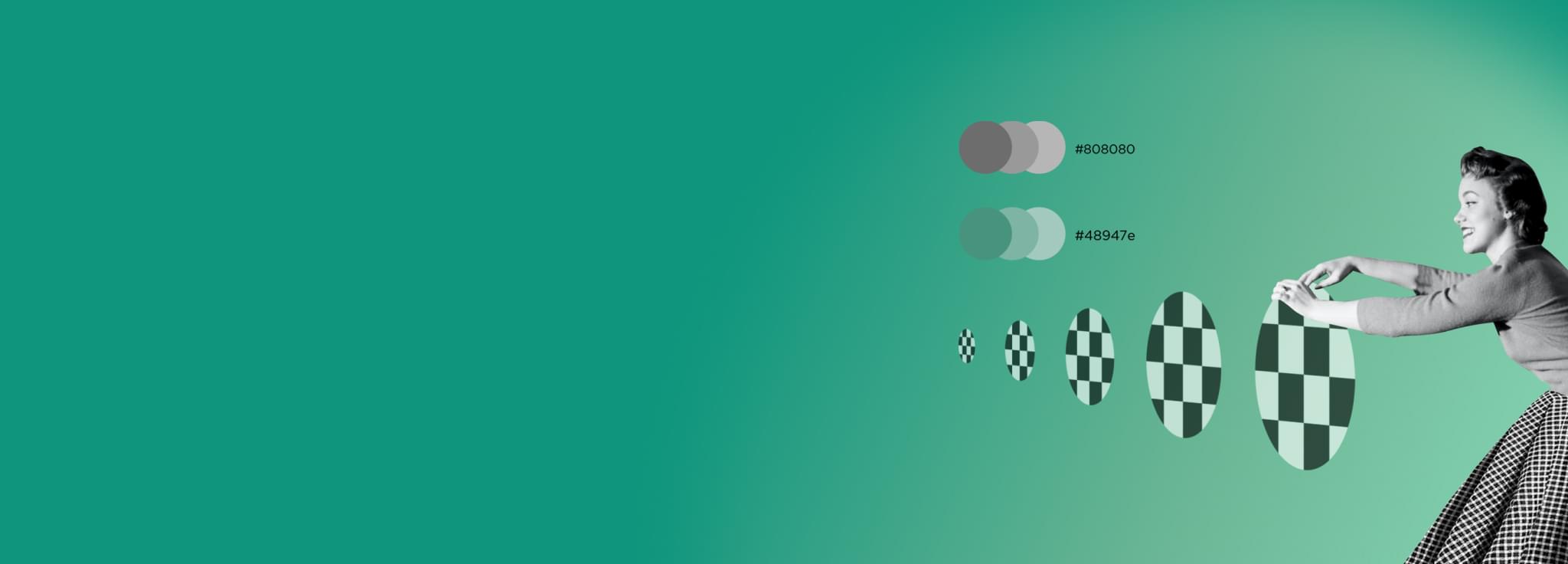 Eine lachende Frau mit einem karierten Rock schiebt karierte Ellipsen von klein nach groß auf türkisfarbenem Hintergrund.