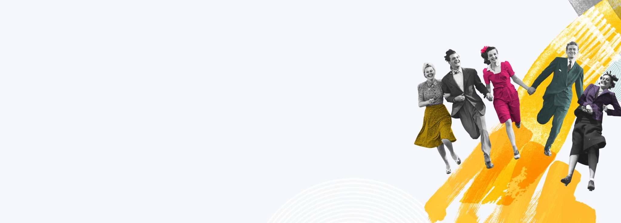 Fünf fröhliche Personen in Bewegung, mit einem dynamischen gelben Pinselstrich im Hintergrund.