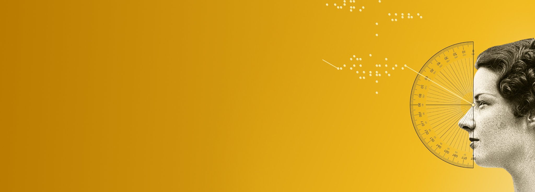 Seitenprofil einer Frau, deren Auge das Zentrum eines großen Winkelmessers bildet, neben einer abstrakten Punktewolke.