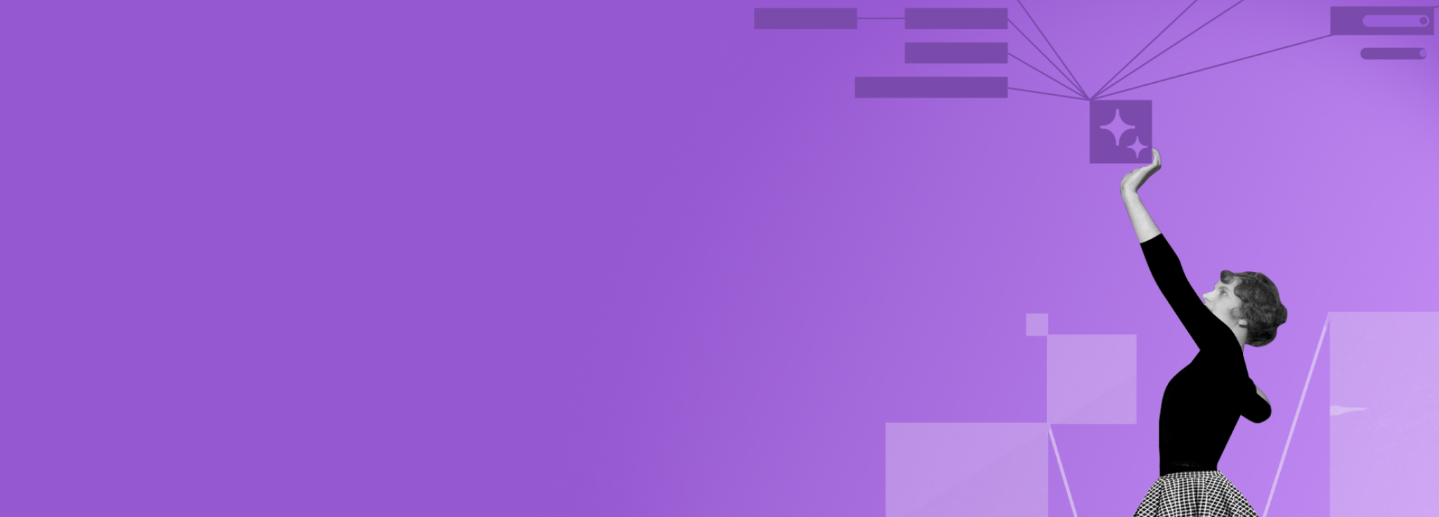 Rückansicht einer Frau im gepunkteten Rock, die auf ein verzweigtes Netzwerk mit Textfeldern vor violettem Hintergrund zeigt.