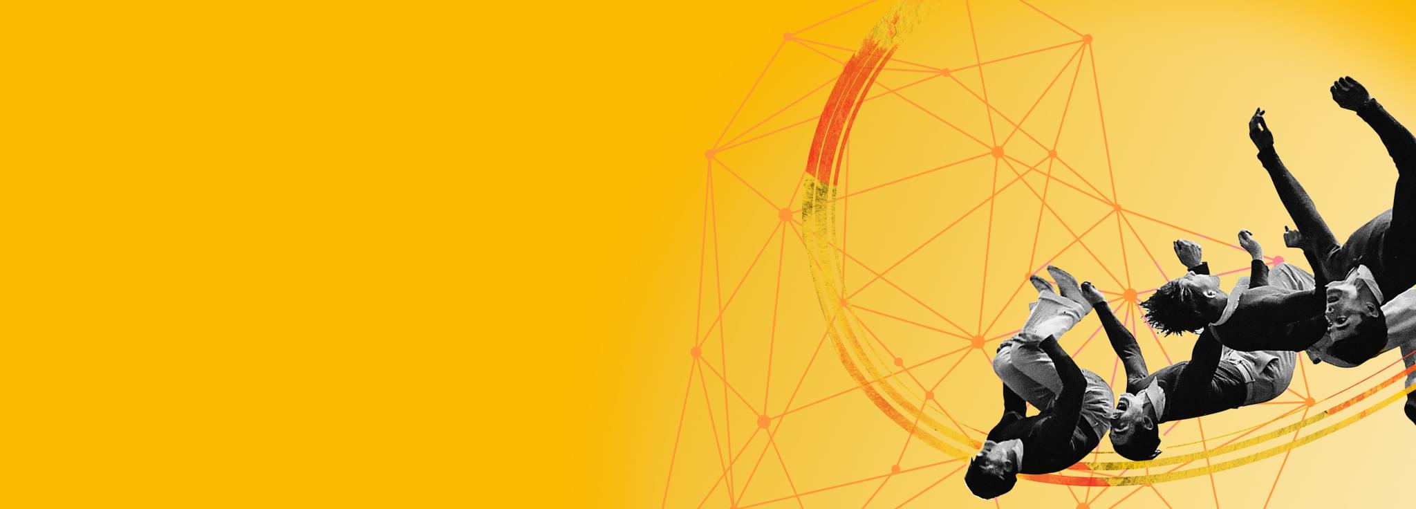 Drei Personen, dynamisch in der Luft schwebend, auf einem orangen Hintergrund mit geometrischen Linien.