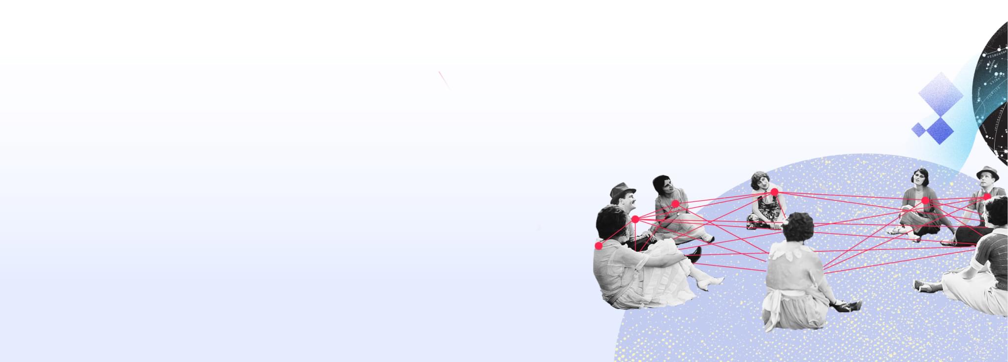 Mehrere Personen sitzen in einem Kreis, verbunden durch rote Linien, die ein Netzwerk darstellen.