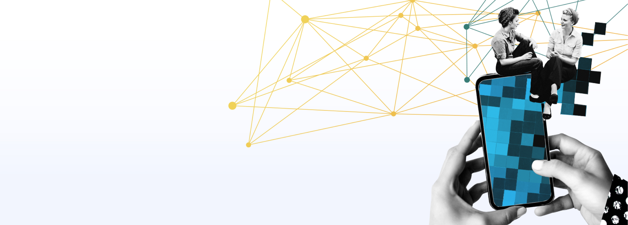 Zwei Personen sitzen auf einem großen Smartphone, umgeben von einem digitalen Netzwerk.