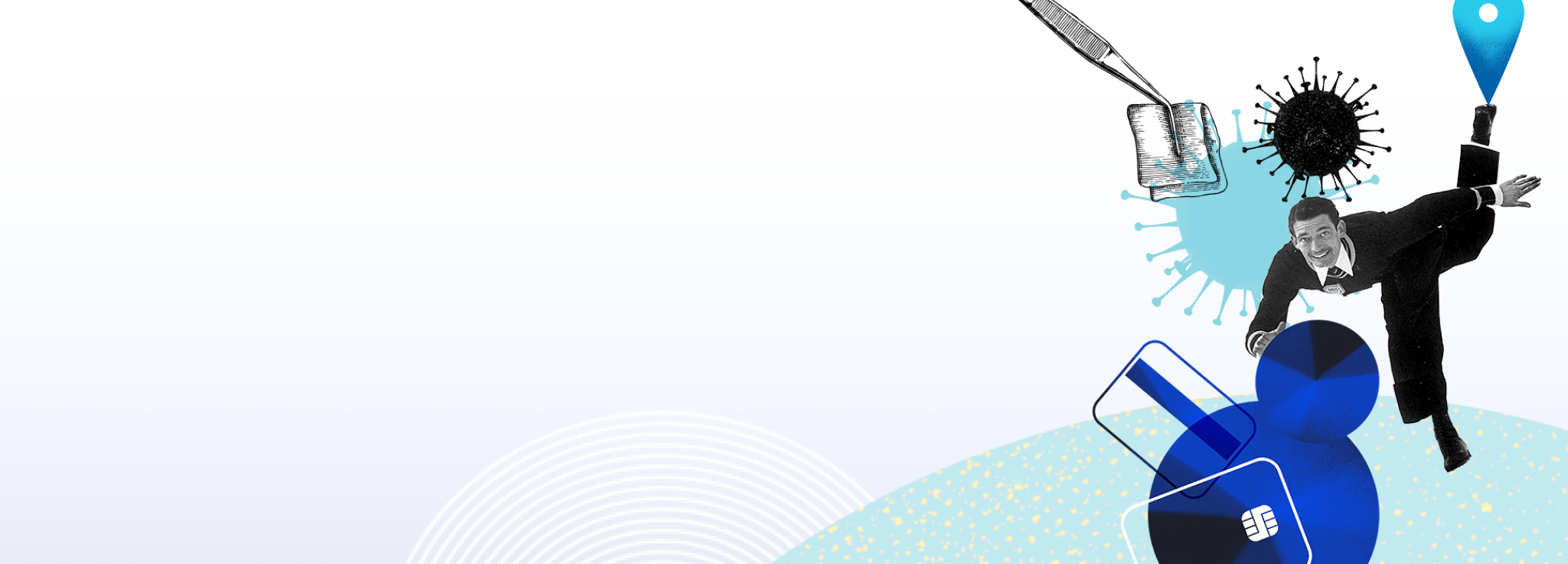 Ein Mann in Anzug und Schuhen schwebt über Kreditkarten und einer Virusdarstellung.