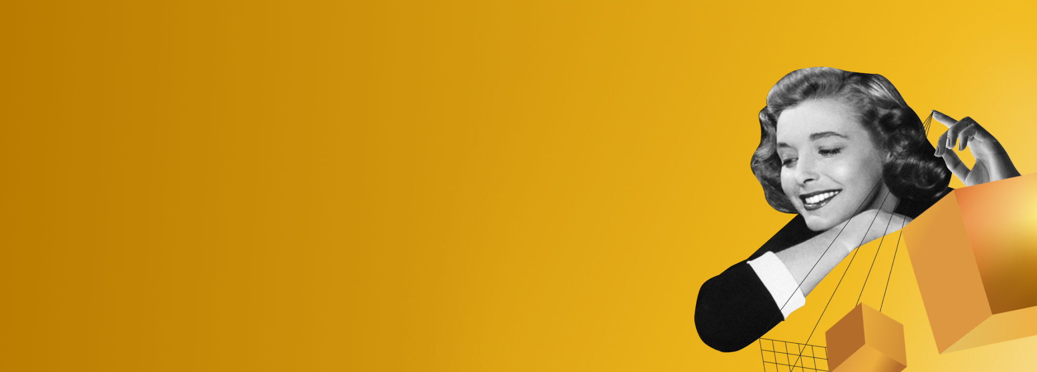 Eine lächelnde Frau in Schwarz-Weiß blickt auf schwebende goldene Würfel, die mit feinen Linien verbunden sind, vor gelbem Hintergrund.