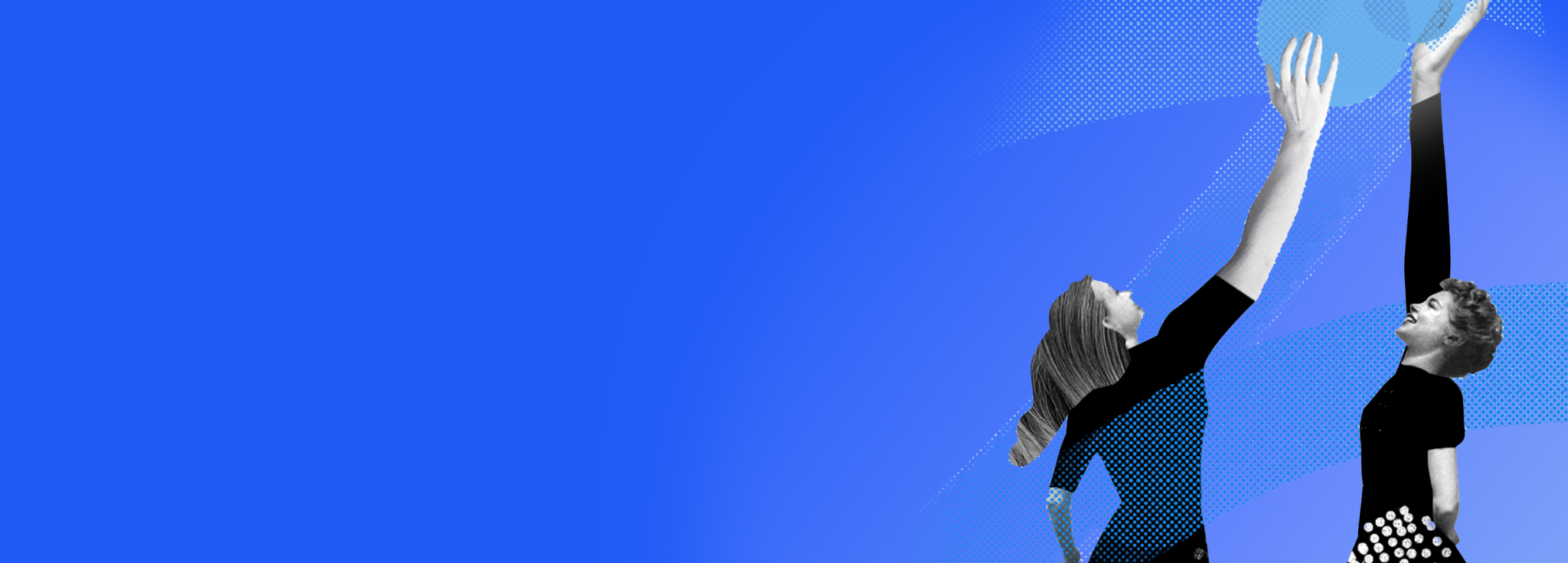 Zwei Frauen strecken die Hände nach einer blauen Kugel in einem blauen, gestrichelten Strahlenfeld aus.