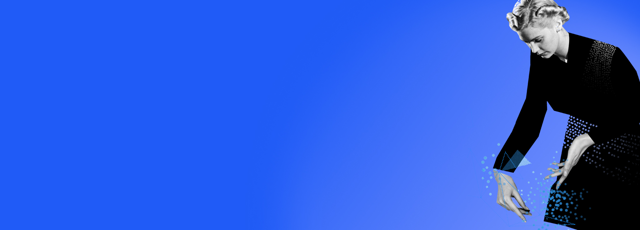 Eine Frau in einem dunklen Kleid berührt eine vernetzte, blaue Punktewolke.