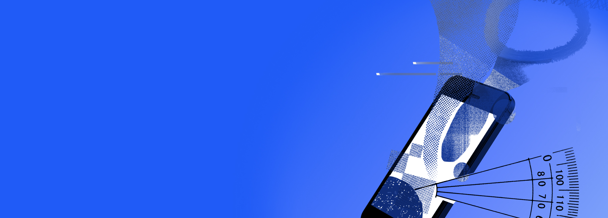 Ein Smartphone vor blauem Hintergrund, aus dem abstrakte, vernetzte Formen und eine Skala hervorgehen.