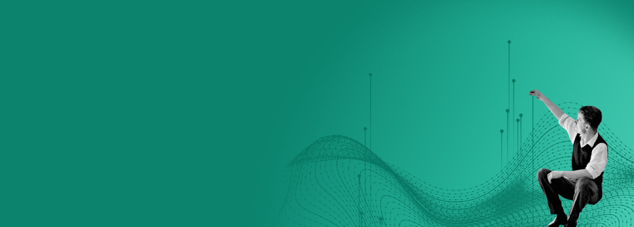 Ein Mann sitzt auf abstrakten grünen Wellenlinien und zieht Datenpunkte entlang einer Linie in die Luft.