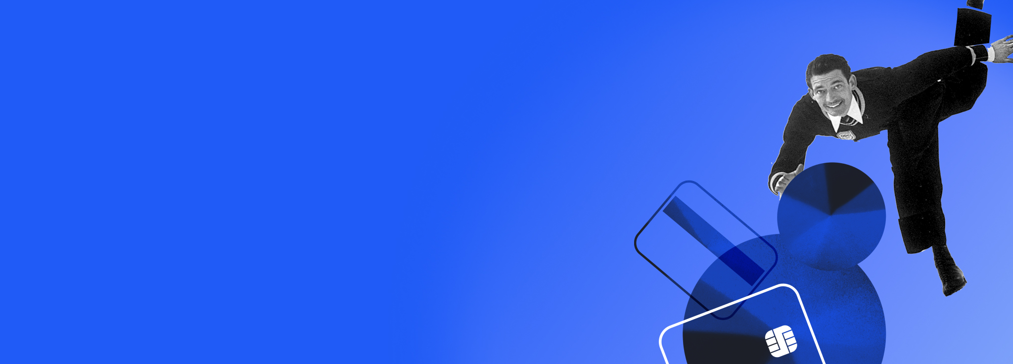 Ein lachender Mann in Anzug und Krawatte schwebt über blauen Kreisen und Kreditkarten.