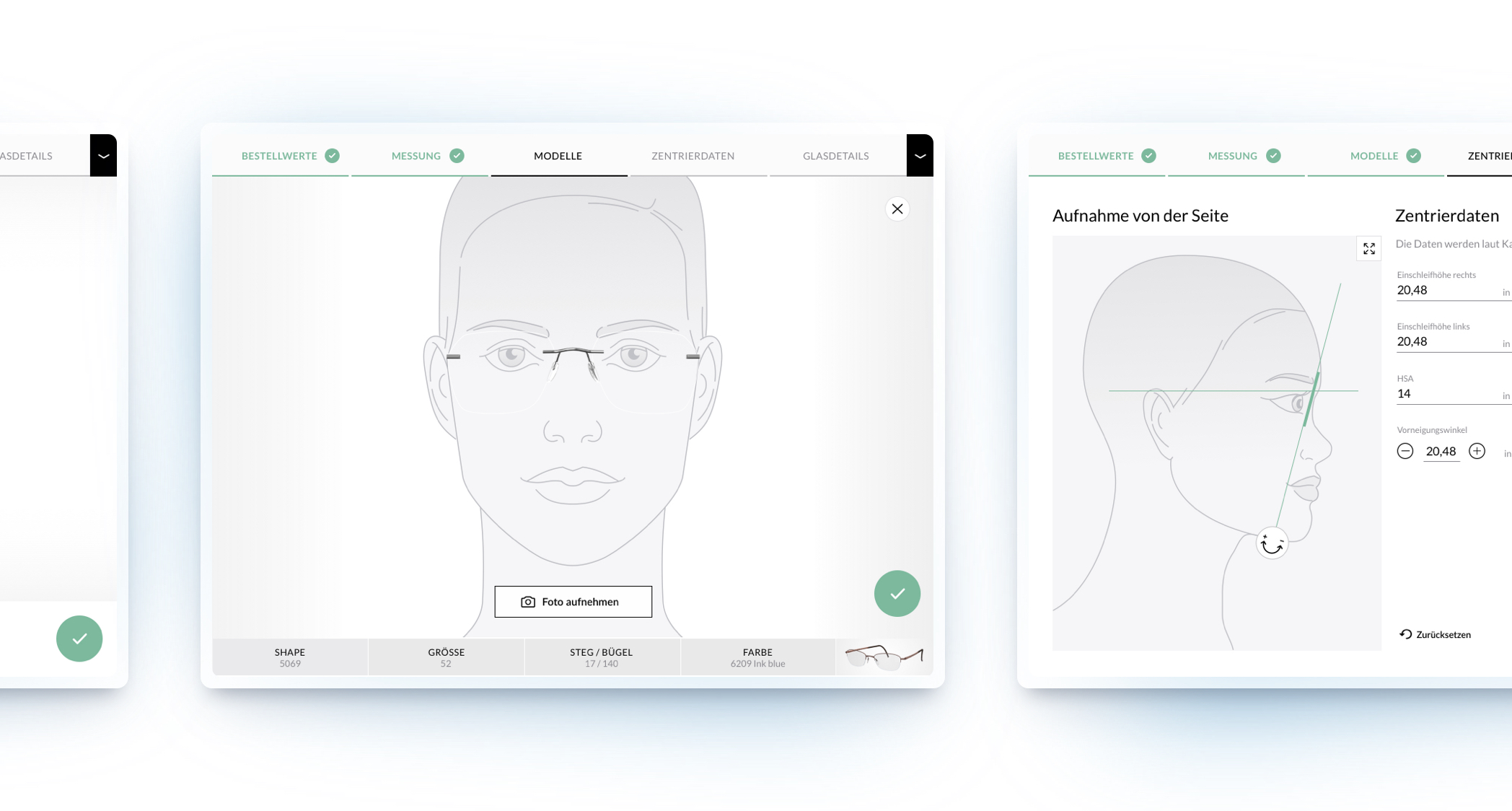 Zwei Screens mit jeweils Schritt 3, "Modelle" und Schritt 4, "Zentrierdaten".