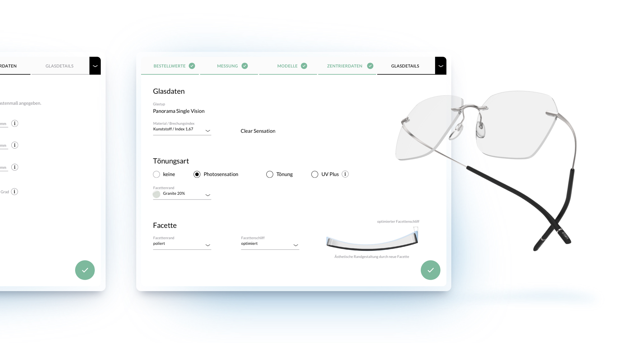 Screen von Schritt 5, "Glasdetails". Rechts neben dem Screen ist eine freigestellte Silhouette Brille.