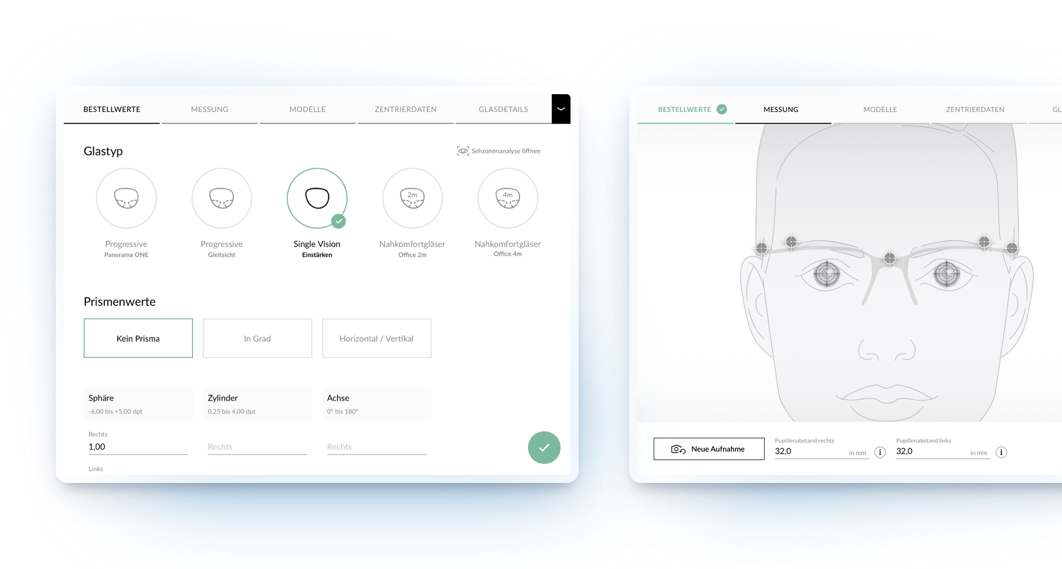 Screens mit jeweils Schritt 1, "Bestellwerte" und Schritt 2, "Messung".