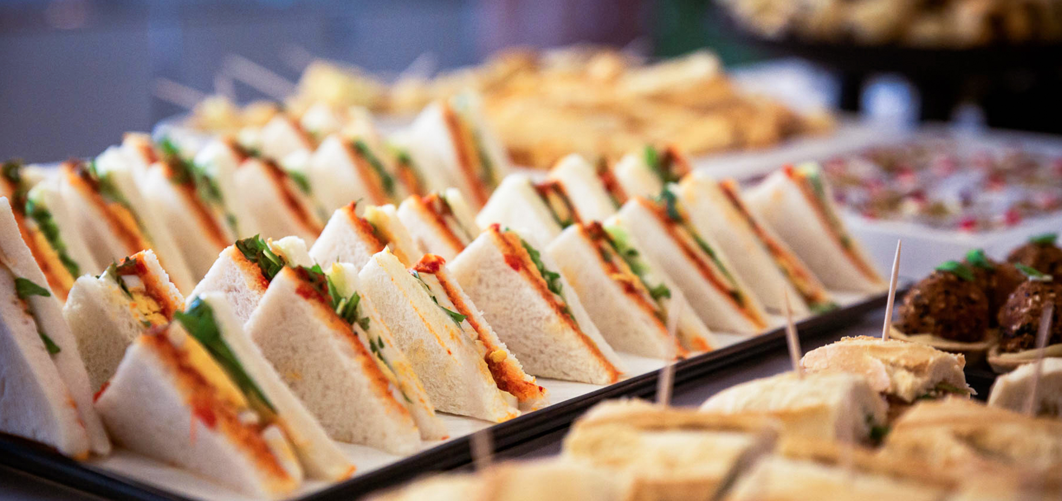 Reihe ansprechend angerichteter Sandwiches mit Gemüsefüllung auf einer Platte – Teil des Caterings bei der Veranstaltung.