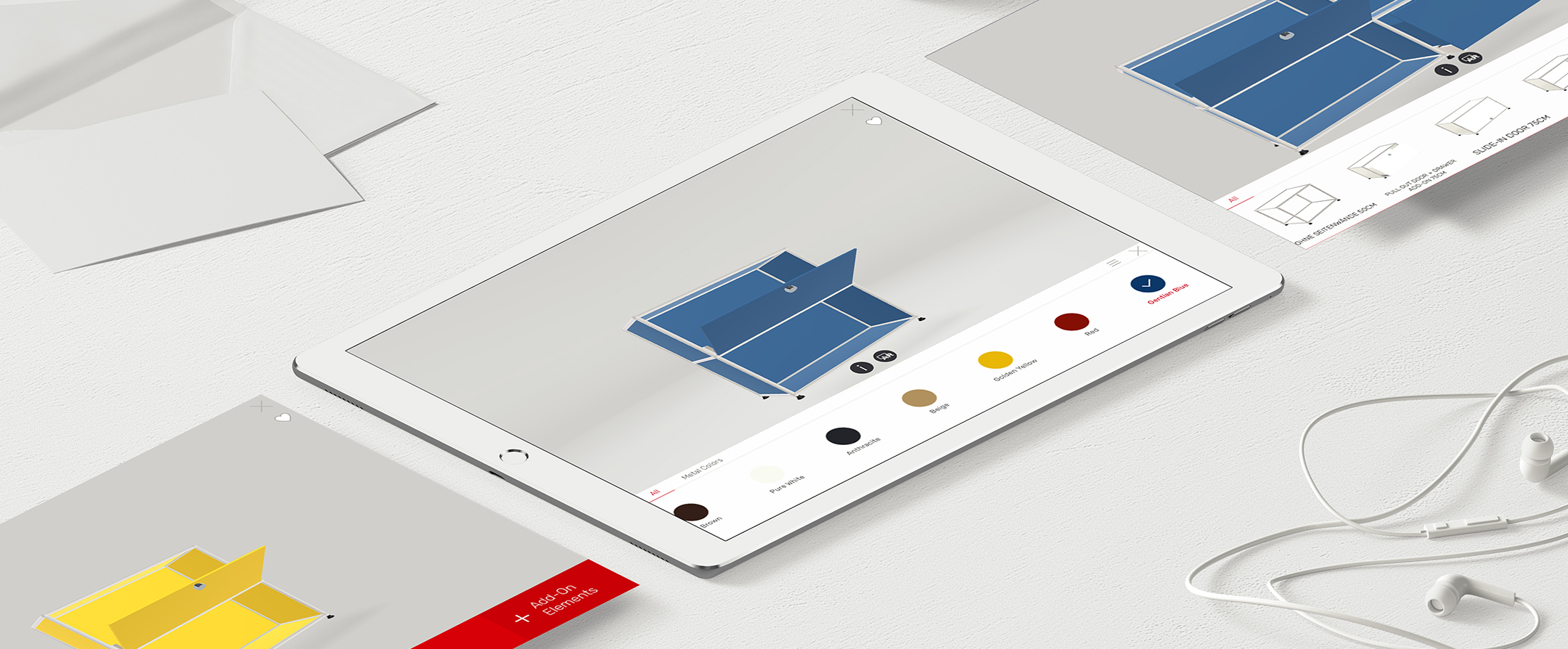 Tabletscreen mit Farb- und Formkonfiguration eines blauen Sideboards auf weißem Tisch.