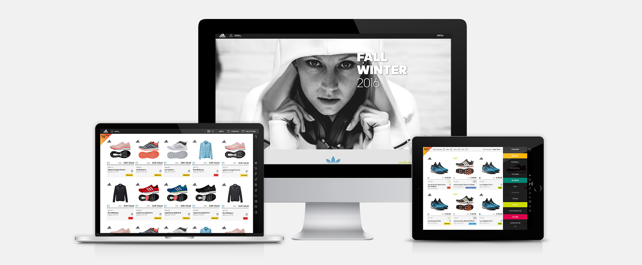 Laptop, Desktop und Tablet Mockups der eCatalogue App auf weißem Hintergrund.