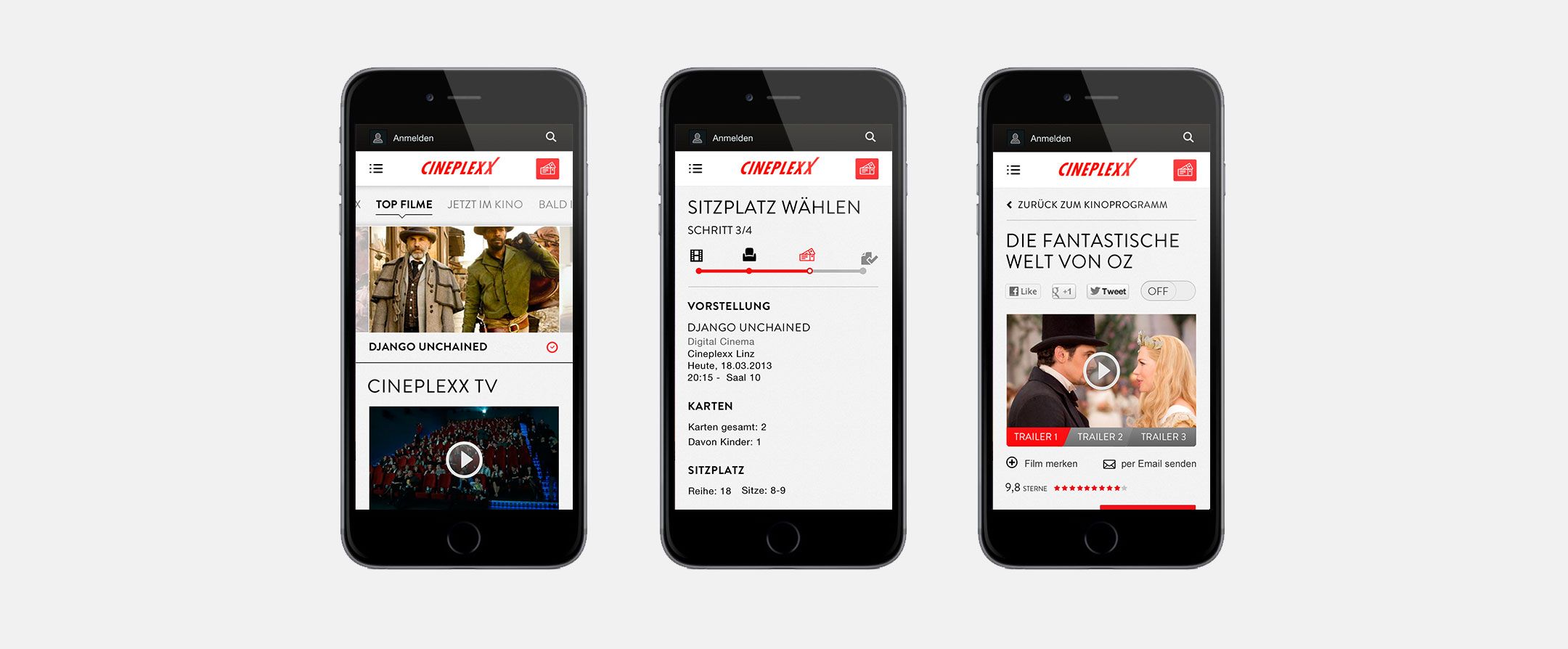 Three mockup views of the mobile design of the Cineplexx website.
