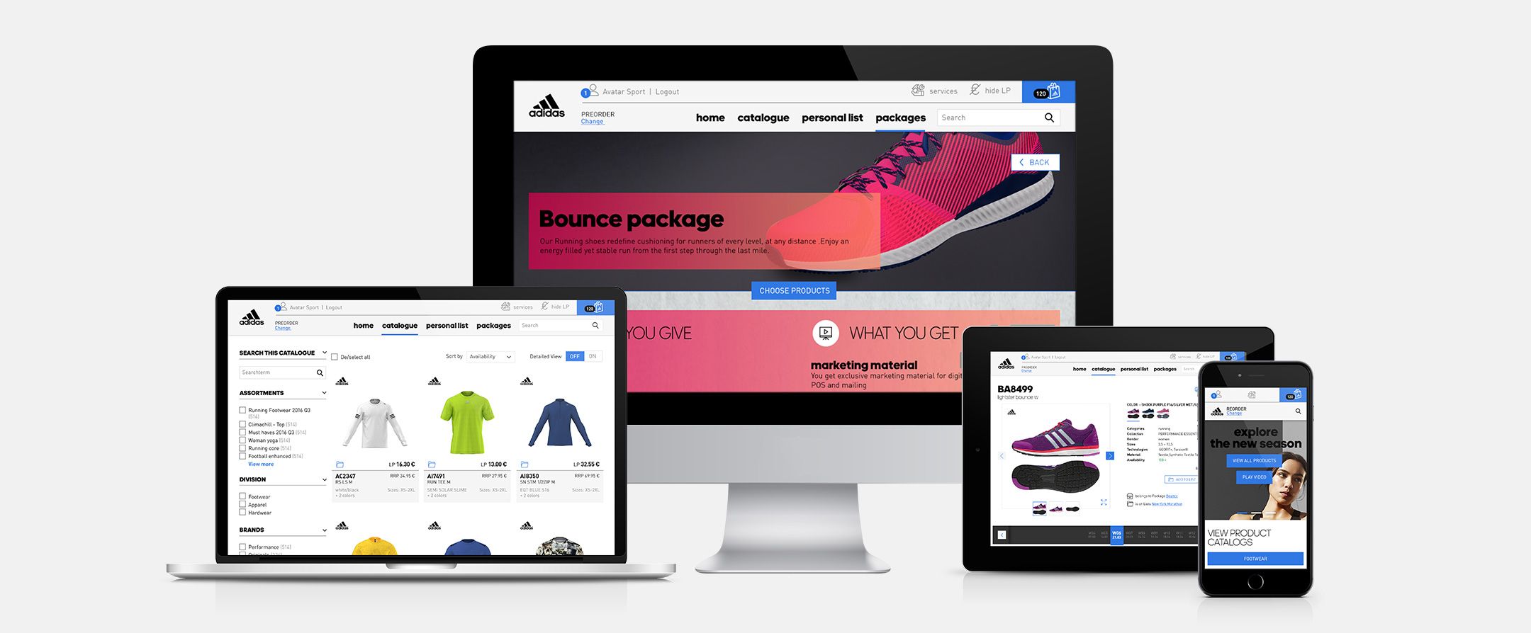 Desktop-, Tablet- und Smartphone-Mockups mit Ansichten der Startseite, Übersicht und Detailseite der Bestellplattform.