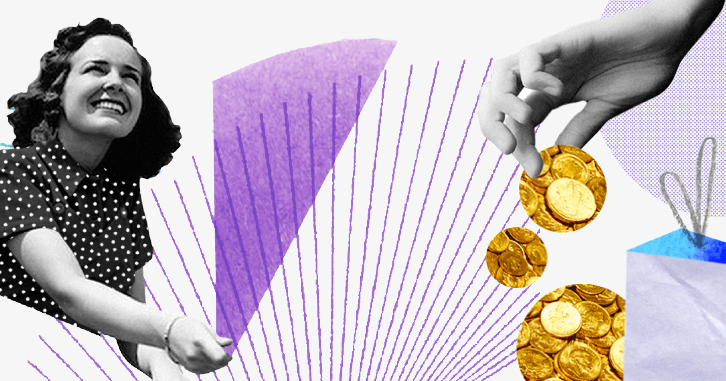 Collage-Kunstwerk mit einer lächelnden Frau im gepunkteten Kleid links, die ihre Hand ausstreckt. Rechts lässt eine Hand glänzende Goldmünzen fallen, von denen einige in eine blaue Einkaufstasche fallen. Lila Linien und abstrakte Formen bilden den Hintergrund.