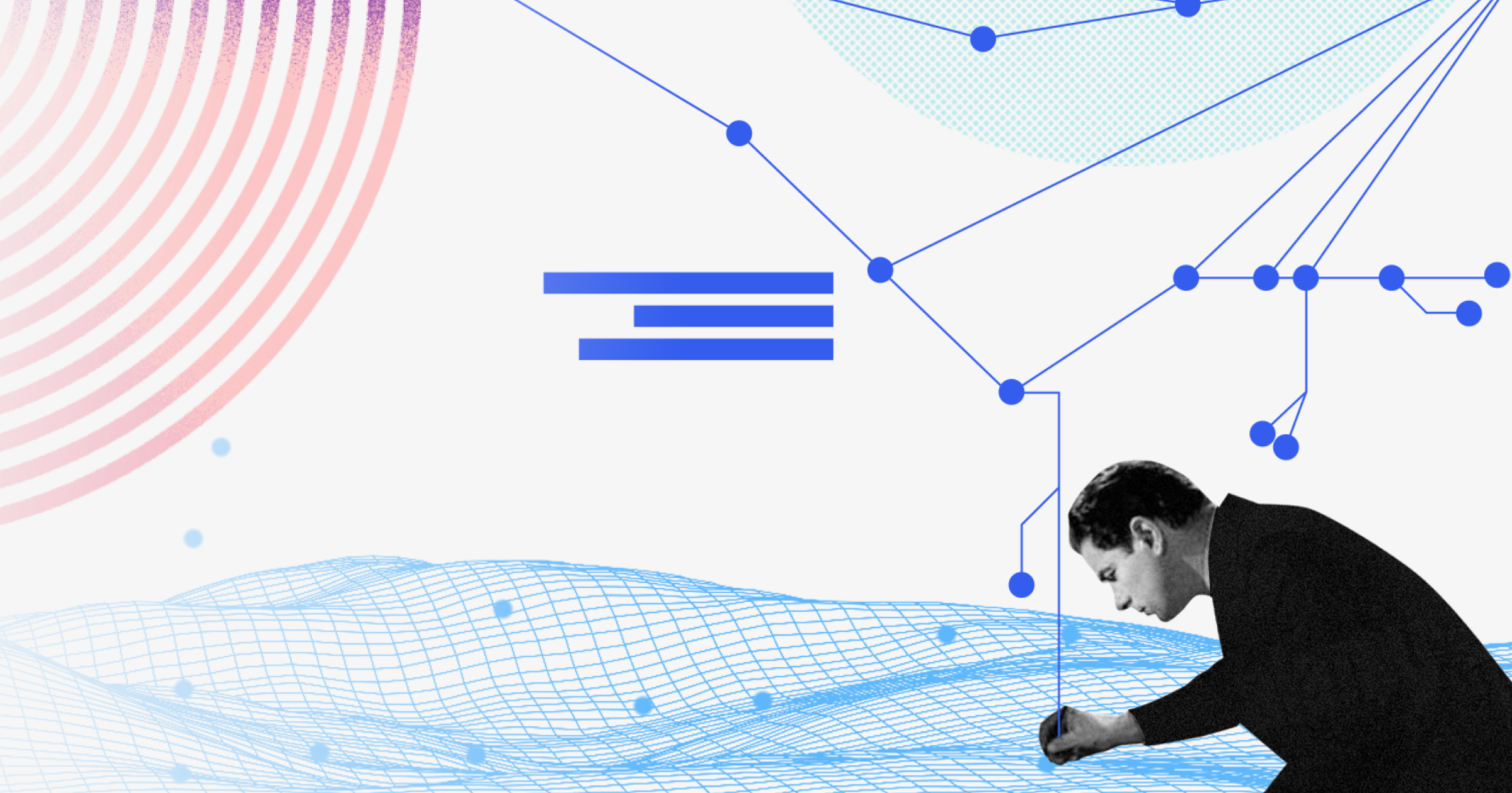Ein Verkäufer betrachtet aufmerksam ein Netzwerkdiagramm mit abstrakten blauen Datenpunkten und Verbindungslinien im Hintergrund.