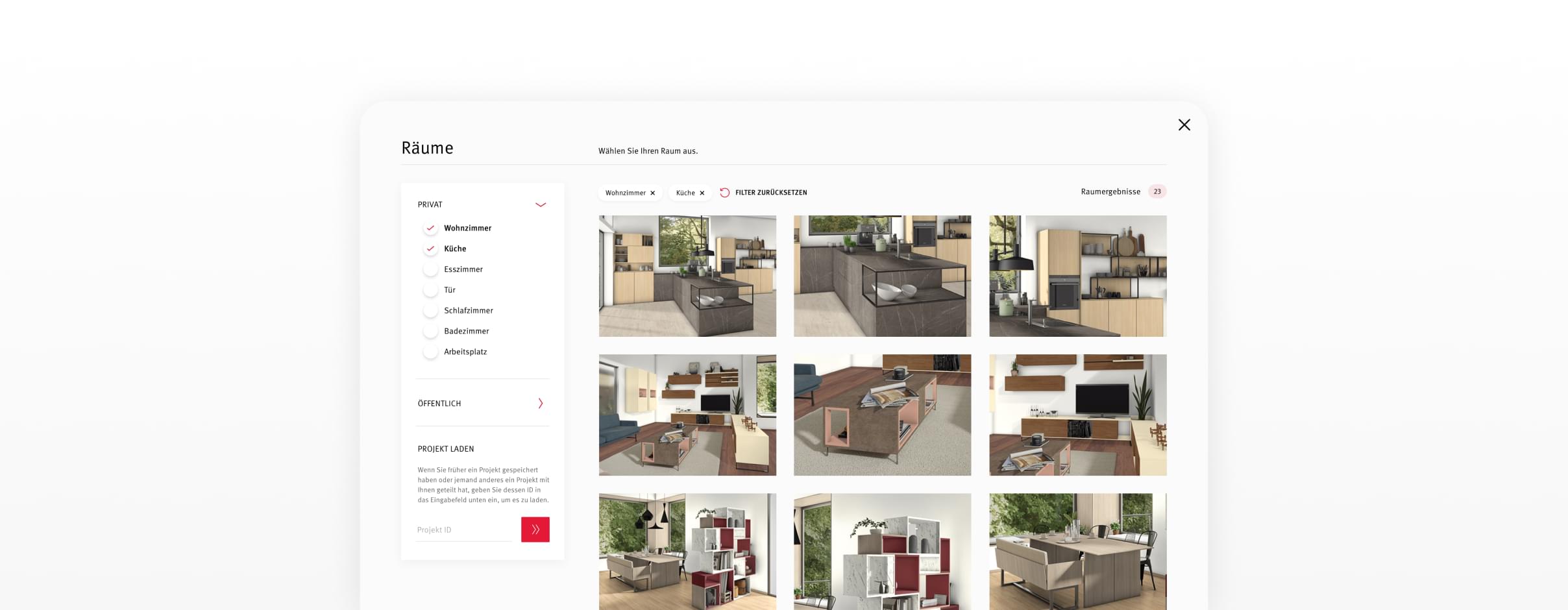 Auswahlmenü mit Raumkategorien und Beispielansichten für Wohnzimmer und Küchen im EGGER Design Studio.