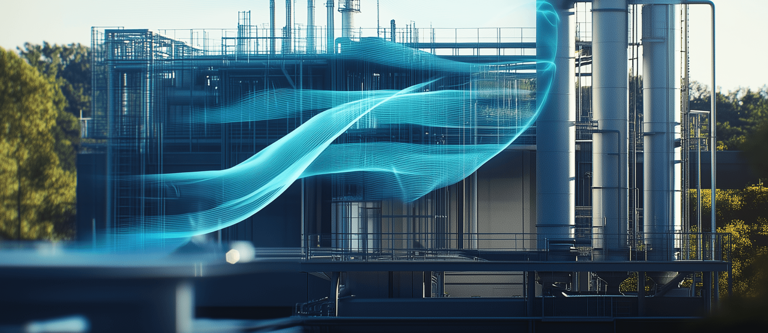 Industrieanlage mit silbernen Silos und Rohren, überlagert von einem leuchtend blauen, geschwungenen digitalen Datenfluss.